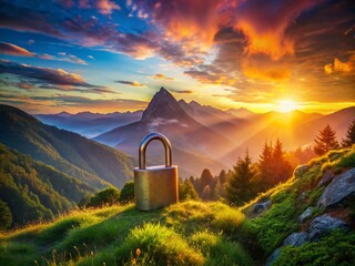 Poster - Digital Padlock Landscape: Data Security, Cyber Protection, Nature Scenery, Secure Data, Privacy Landscape Photography