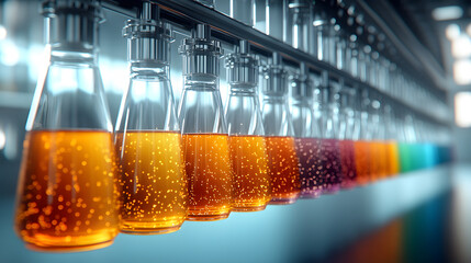 Poster - A vibrant row of glass bottles filled with colorful liquids, showcasing a scientific or experimental setting