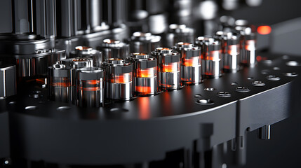 Poster - A close-up of metallic components with glowing elements, highlighting intricate machinery in a modern technological setting