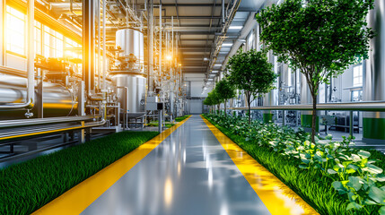 Aufkleber - A modern industrial facility featuring green plants, shiny machinery, and ample natural light streaming through large windows