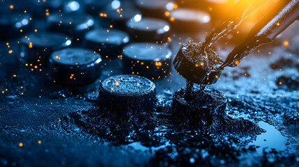 Aufkleber - A close-up view of a metallic surface with droplets and sparks, showcasing an industrial or technological process