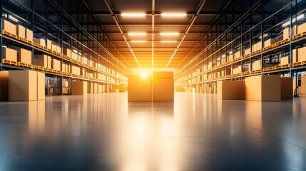Poster - A spacious warehouse filled with stacked boxes, illuminated by warm sunlight, creating a dynamic contrast between light and shadows