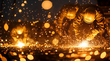 Aufkleber - The image depicts welders working at night, creating sparks and bright lights, showcasing the art and intensity of welding in an industrial setting