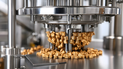 Aufkleber - A close-up of a machine processing golden snack pieces, showcasing the intricate machinery of food production