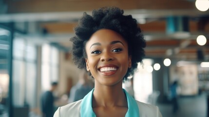 A smiling professional woman in an office setting with a modern and stylish appearance.