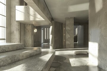 Poster - Sunlight is illuminating a modern minimalist concrete building interior with stairs