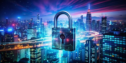 Poster - Double Exposure Security Banner Design, Cyber Security Background,  Digital Security Image,  Data Protection Banner, Network Protection Graphic