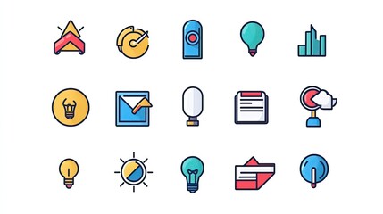 Colorful flat icons depicting ideas, innovation, progress, analytics, and data.