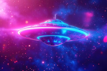 glowing neon spaceship, extraterrestrial voyage, fantasy galaxy backdrop