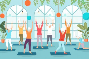 Poster - Elderly individuals participating in fitness and yoga class guided by instructor in a well lit studio. Generative AI