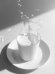 Wall Mural - White liquid splashing out of cup onto plate.