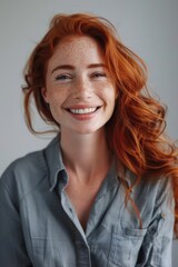 Wall Mural - Red-haired freckled girl smiling, casual attire, indoors, natural lighting.