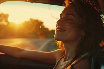 Wall Mural - happy young woman enjoying in car at sunset