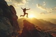 © darshika - Man jumping over precipice between two rocky mountains at sunset. Freedom  risk  challenge  success.