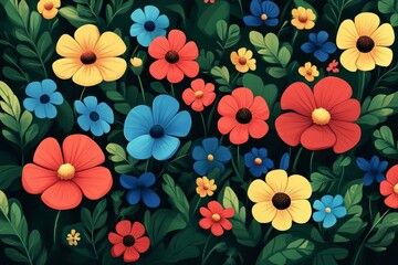 Poster - Colorful flowers blooming in a lush garden, creating a vibrant floral background