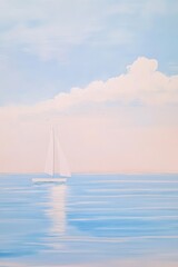  Serene Sailboat on Calm Waters: Tranquil Seascape with Soft Clouds and Reflections in Blue, Perfect for Coastal Decor and Relaxation Themes