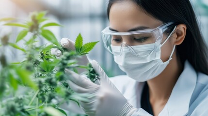 Poster - researcher examines cannabis plants for growth and development in a lab environment during daylight 