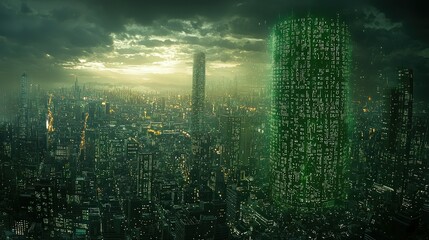 Poster - Futuristic cityscape with green digital elements.