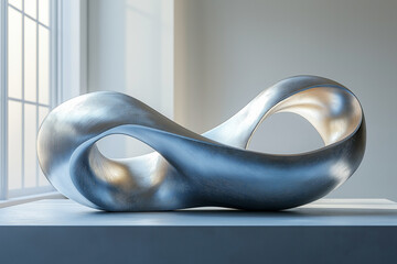 Poster - Twisted metallic silver podium exuding modern elegance in bright interior. Generative AI