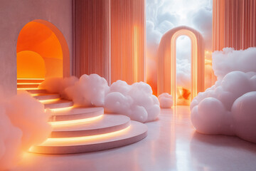 Poster - Luminous bubble podium amidst soft clouds in a dreamy artistic space. Generative AI