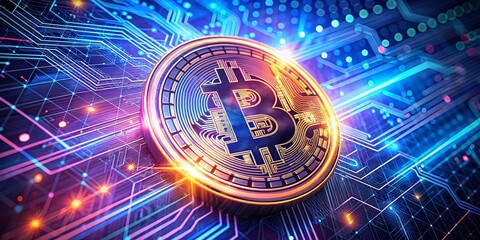 Poster - Glowing Bitcoin Crypto Hologram Circuit Board Abstract Art - Digital Currency Technology Background