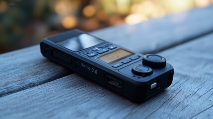 Poster - Field recording action with compact sound recorder outdoor nature portable device close-up view audio capture concept