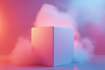 Poster - Mysterious cube podium surrounded by colorful fog and ambient light. 