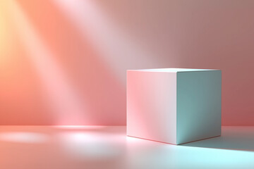 Poster - Cube podium showcasing matte white textures illuminated by vibrant light. 