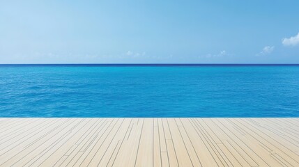 Wall Mural - A serene view of a calm ocean meeting a clear sky, with a wooden deck in the foreground, evoking a sense of tranquility and relaxation.