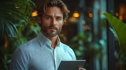 Poster - Focused and Determined Businessman Holding a Tablet in a Modern Office Setting