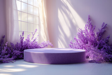 Poster - Modern velvety lavender pedestal with enchanting floral accents in serene light. 