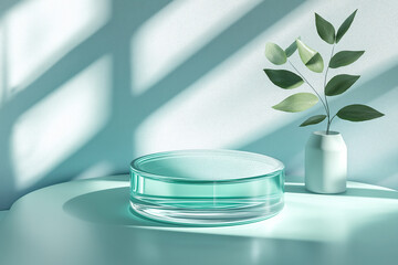 Poster - Elegant glass podium with aqua tint and serene plant accent in gentle light. 