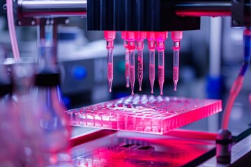 Poster - laboratory automation equipment dispensing red chemical liquid samples into a 96 well microplate for