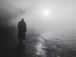 © tonpreecha - Serene, monochrome photograph of a solitary figure walking on a foggy beach, atmospheric, solitude, introspection, contemplation :: ethereal ambiance, introspective beauty, visual tranquility