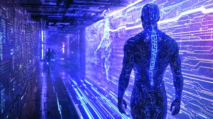 Poster - Futuristic humanoid figure illuminates digital realm cybernetic environment sci-fi concept high-tech viewpoint