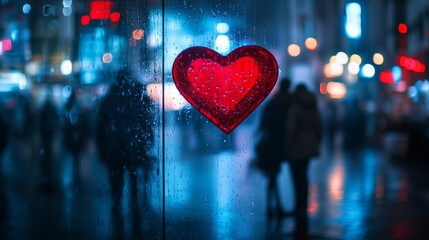 Poster - With a red heart featuring snowflakes hanging from the window, a couple strolls in the rain, the scene feeling romantic and intimate.