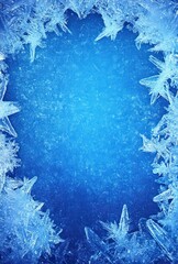 Poster - Intricate Ice Crystals and Frost Pattern Against a Blue Background, Creating a Stunning Winter Texture Perfect for Seasonal Designs and Frigid Themes