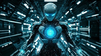 Aufkleber - Futuristic humanoid robot with glowing blue core in high-tech lab digital art sci-fi environment close-up view