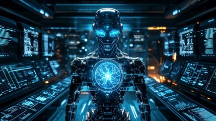 Fototapete - Advanced robot with glowing neural core operates in high-tech lab futuristic environment close-up view technology concept