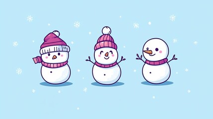 Wall Mural - On a blue background, three snowmen with hats and scarves stand smiling, seeming to delight in the winter weather.