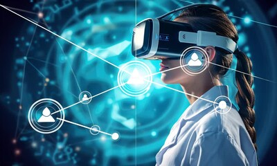 Poster - Young female scientist wearing VR glasses interacting with light blue digital science glowing overlay