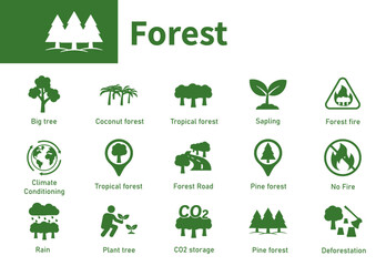 collection of icons on the theme of ecology, green trees, nature, environment. solid vector icon of 