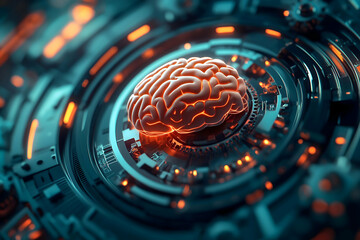 Aufkleber - A stylized, glowing brain is placed at the center of a futuristic circuit design, symbolizing the intersection of technology and neuroscience.