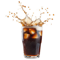 A glass filled with cola and ice, featuring dynamic splashes of liquid.