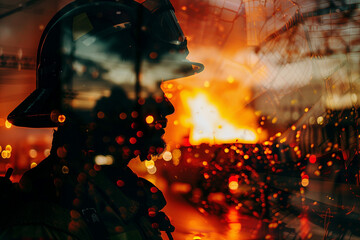 Poster - portrait of professional firefighter worker double exposure generative ai