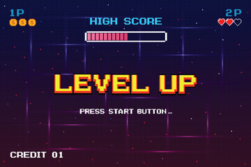 Poster - LEVEL UP INSERT A COIN TO CONTINUE .pixel art .8 bit game. retro game. for game assets in vector illustrations.