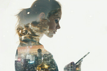 Poster - generative ai double exposure picture showing a silhouette of a worker against city lights backdrop