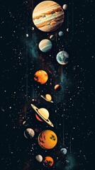 Wall Mural - Digital illustration of solar system planets in sequence against star-filled background, emphasizing uniqueness and beauty of each planet. Moon inaccurately included as a planet.