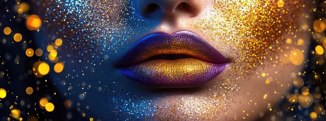 Wall Mural - The blue and yellow background features a beautiful woman's face with golden lipstick, with glittering particles floating in the air