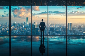 Wall Mural - Business Leader Gazing Out at Cityscape Contemplating Growth and Future Goals